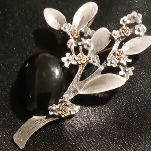 Silver & gold with Black obsidian stone Floral Brooch.